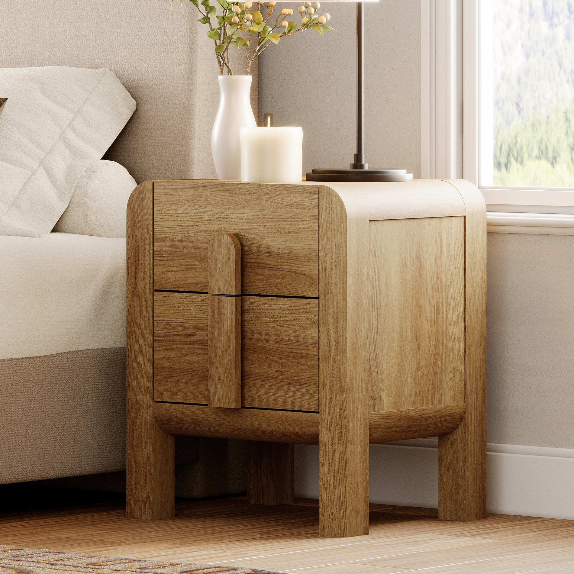 Modern Wood Nightstand with 2 Drawers ,Curved Mid-Century End Table with Built-In Charging Station for Bedroom, Living Room,Entryway