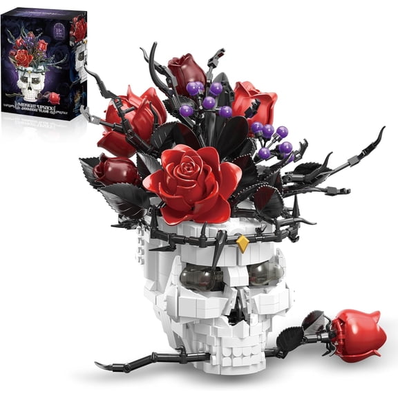 GZBricker Skull Vase Red Rose Bouquet Building Set Gothic Horror Flower Plant Compatible with Lego Home Desk Decor for Adults