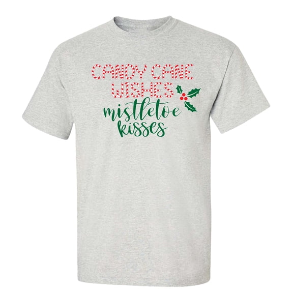 Happy Holidays Candy Cane Wishes Mistletoe Kisses Short Sleeve T-shirt-Ash-Small