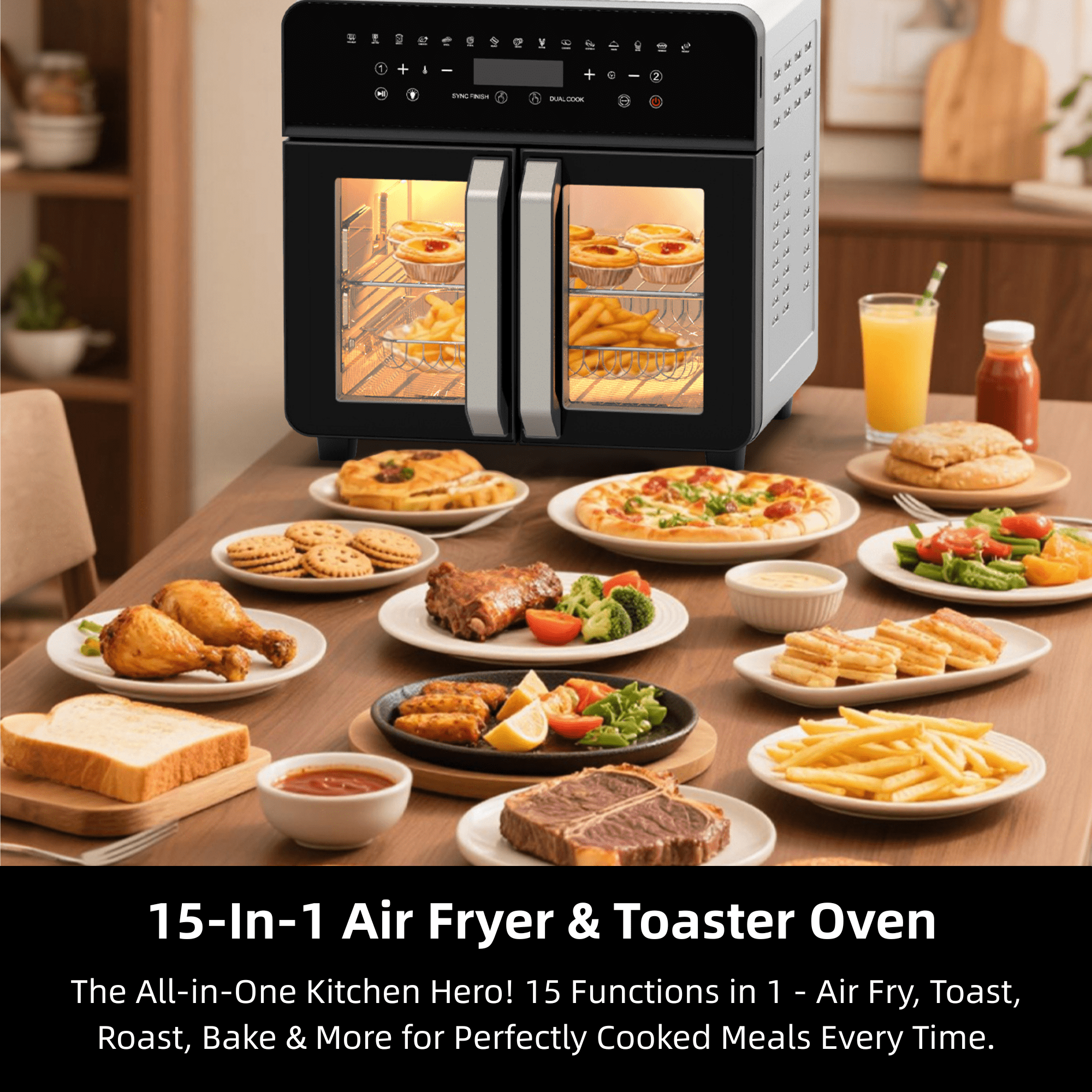 Air Fryer Toaster Oven Combo, 24 QT Fench Door Countertop Toaster Oven, 360 Degree Air Flow, 15 Cooking Functions, Digital Controls, 13 Accessories Included, Non-toxic Food Grade Stainless Steel