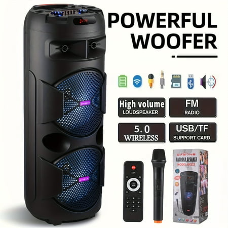 Portable Wireless PA Speaker System - Built In Rechargeable 1800mAh Battery Outdoor Wireless Party Speaker Portable PA System W/ Subwoofer, Wired Micphone, Party Lights, USB/AUX/FM Radio DJ