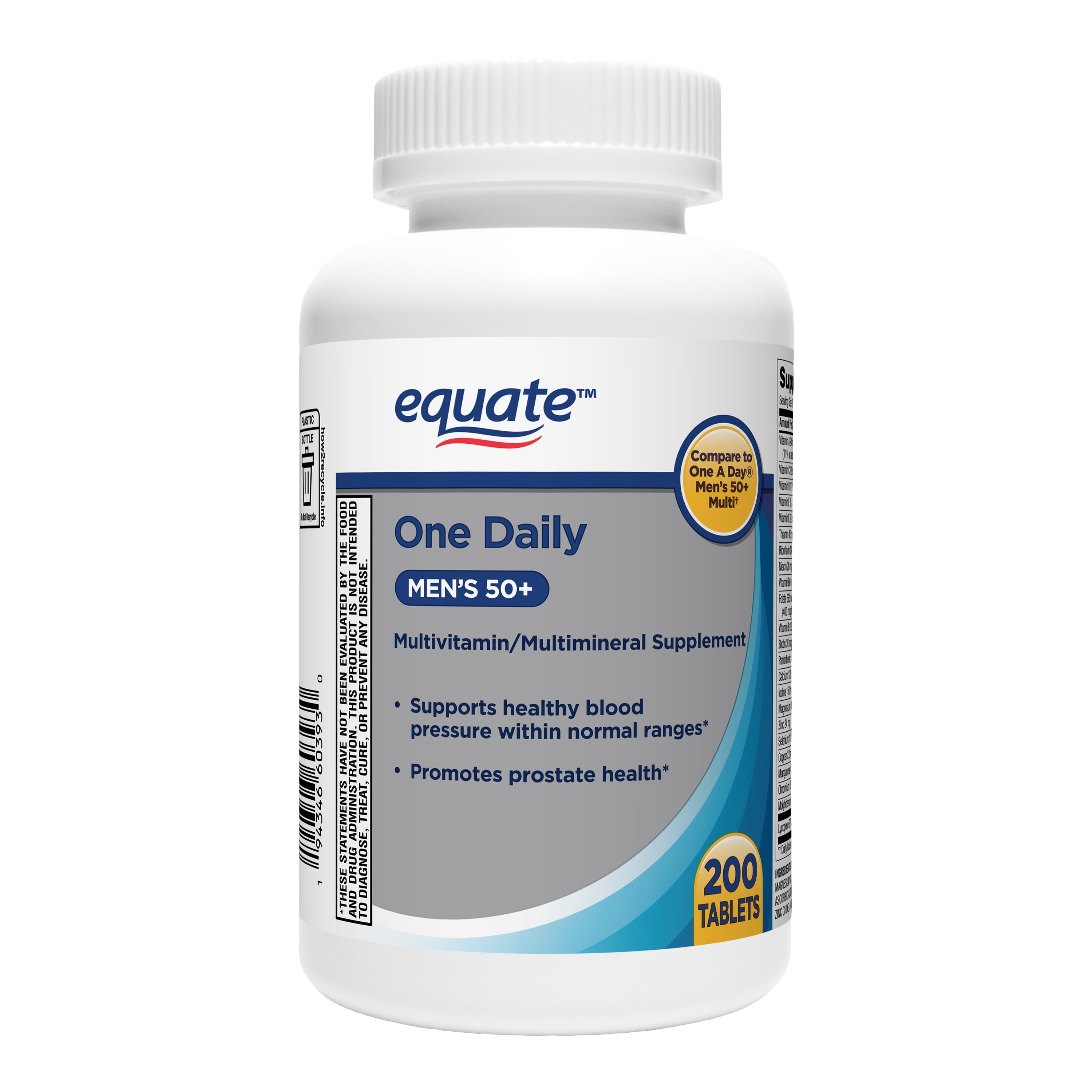 (2 pack) Equate One Daily Men's 50+ Multivitamin/Multimineral Supplement Tablets, 200 Count, Compare to One a Day® Men's 50+ Multi