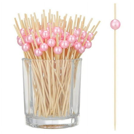 

Cocktail Sticks Natural Wood Sticks with Pink Acrylic Beads Wooden Toothpicks Cocktail Sticks Food Sticks for Bar Party