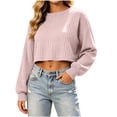 thumbnail image 2 of thefmos Women's Cropped Ribbed Knit Top Round Neck Long Sleeve Short Sweater Fashion Fall Winter Casual Outfit, Pink L, 2 of 6