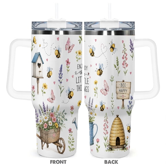 Bee Floral 40oz Travel Tumbler with Handle and Straw Lid Insulated Car Cup Cute Garden Coffee Cup Gift for Women
