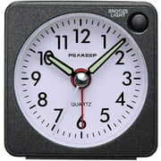 Peakeep Ultra Small, Battery Travel Alarm Clock with Snooze and Light, Silent with No Ticking Analog Quartz (Black)