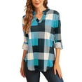 thumbnail image 3 of Uhndy Women Long Sleeve Plaid Tunic Shirt V Neck Pullover Blouse Tops Ladies New Fall Winter Roll-up Shirt Baggy Color Block Checked T Shirt Tops Skyblue 2XL, 3 of 5