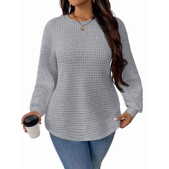 Tunic Tops for Women Loose Fit Dressy Waffle Knit Long Sleeve Shirts Trendy Fall Crewneck Sweaters Silver Gray XXXL