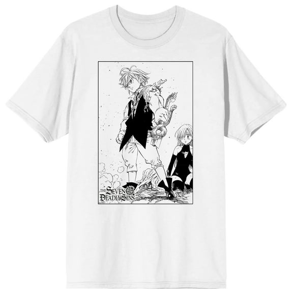 Seven Deadly Sins Meliodas and Elizabeth with Title Logo Men's White Short Sleeve Tee-3XL