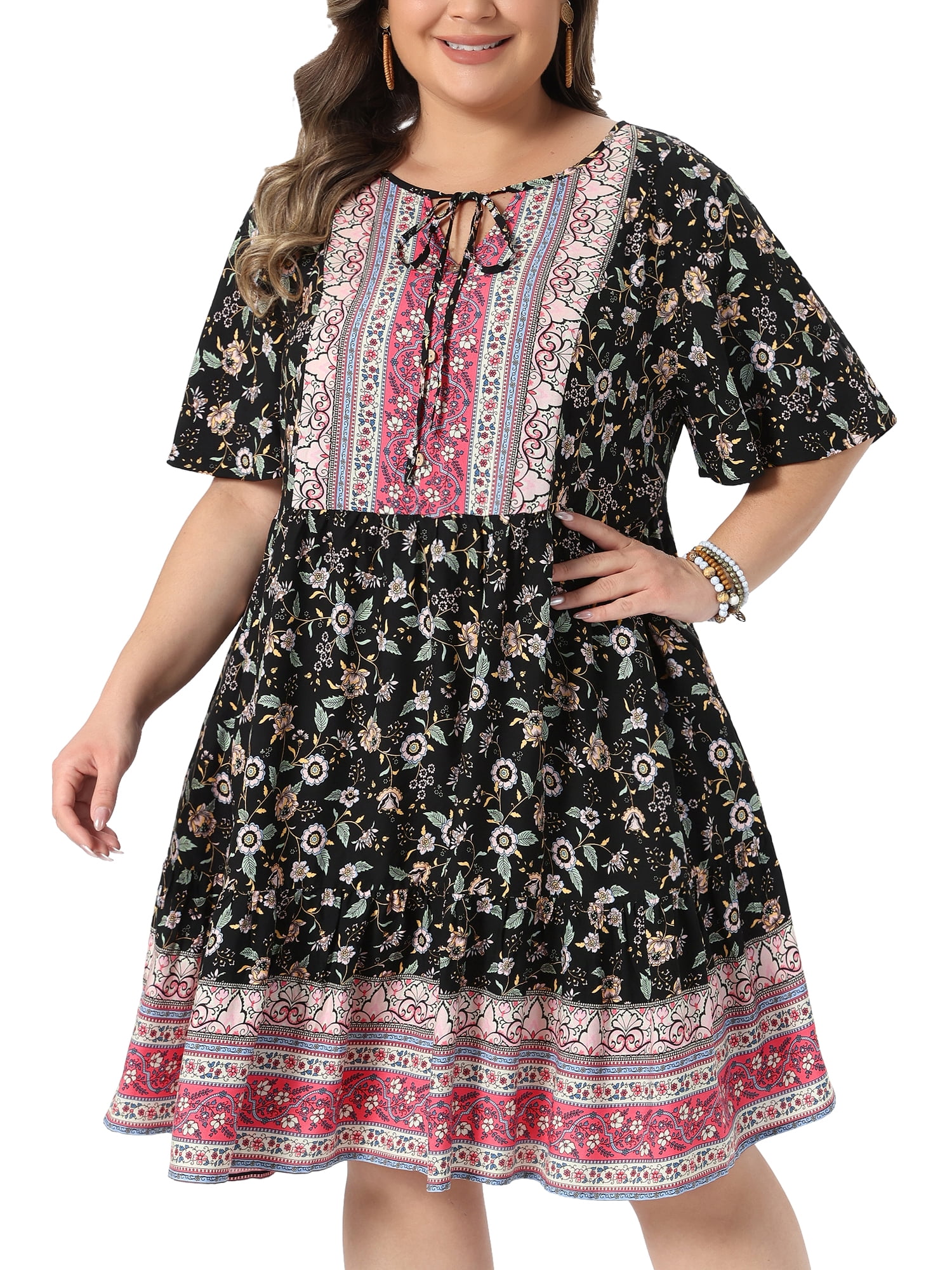 DARING DIVA Women's Plus Boho Midi Tie Crew Neck Short Dress 3X Black