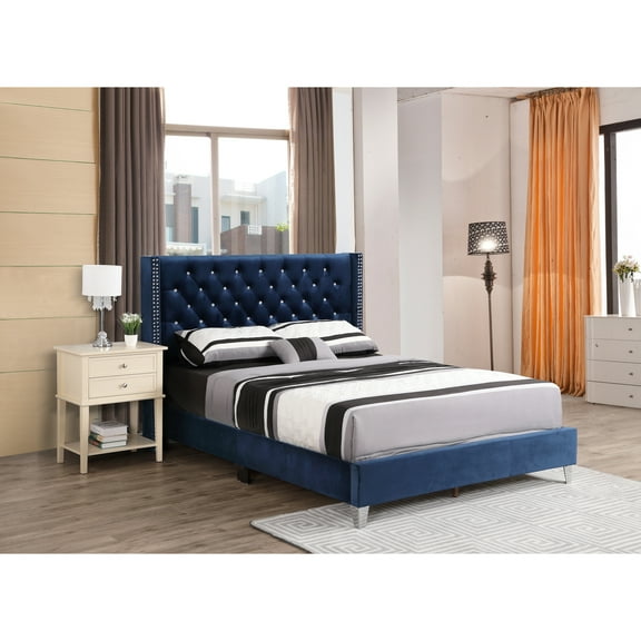 Upholstered Bed Frame, Navy Blue Tufted Bed with Nailhead Trim, Luxurious Bedroom Bed, 66x86 Inch