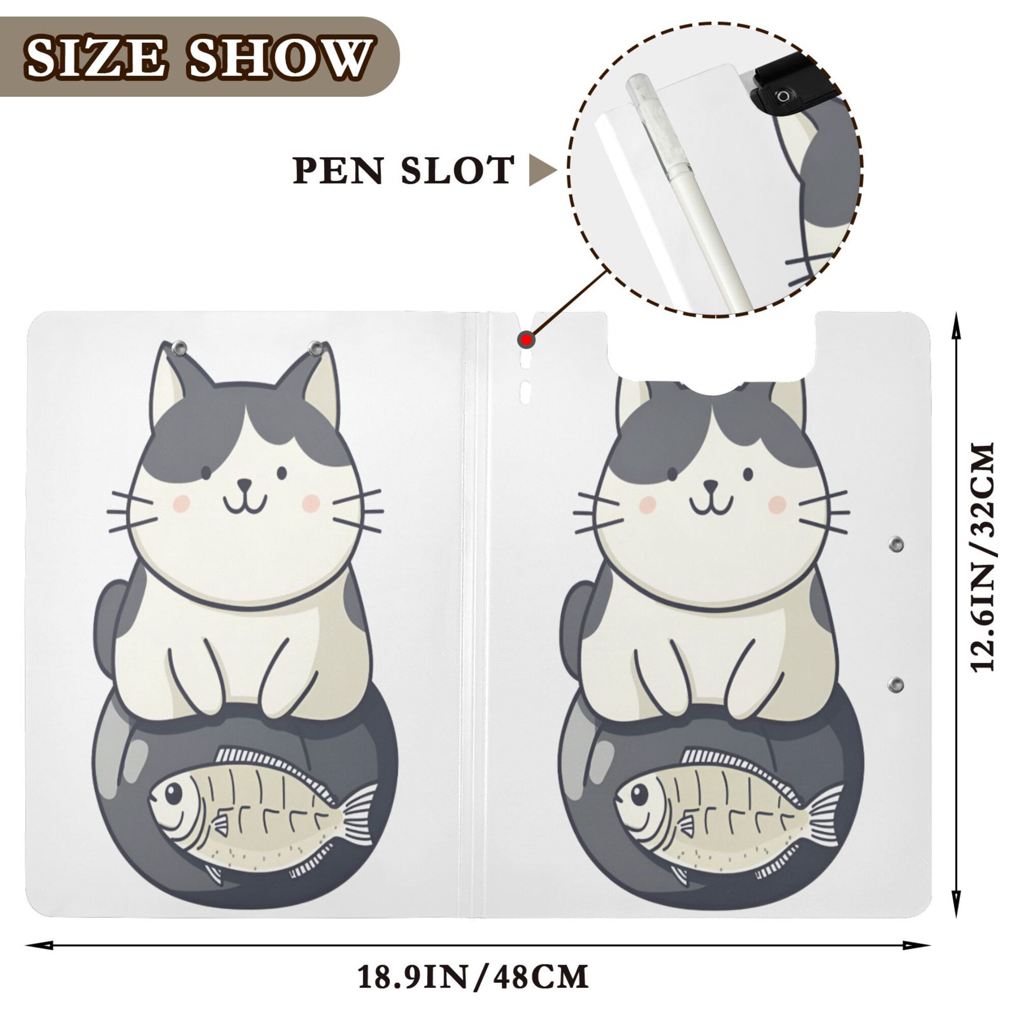 FORMRS A4 Clipboard Folder with Pen Holder Horizontal Foldable School Office Binder, Black Cute Cat
