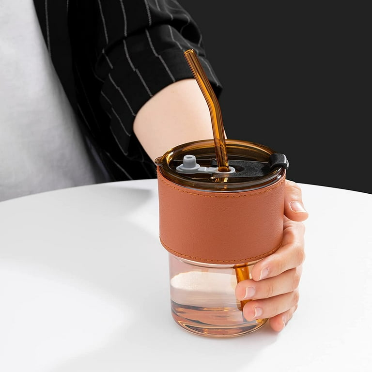 Glass tumblers with lid and straw 13oz 400ml tumbler water glass mug ice  coffee tumbler with leather…See more Glass tumblers with lid and straw 13oz