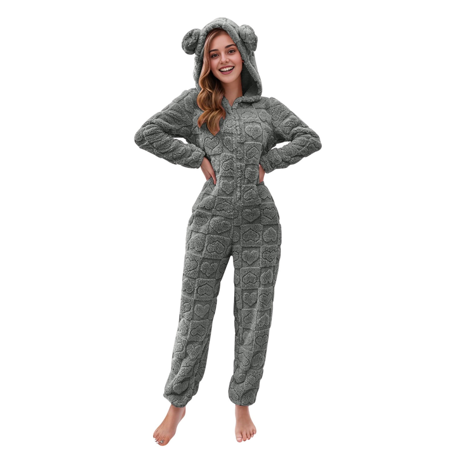 BiZtdJrK Women's Furry Sherpa Onesie Pajamas Fashion Heart Jacquard Jumpsuits Cute Ear Hood Romper Lounge Sleepwear, Dark Gray, S