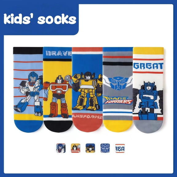 Cartoon Transformers Crew Socks – 5‑Pack Colorful Cartoon Transformers Cool Autobots Designs Soft Cotton Blend Thickened for Winter for 9-12 Years Kids Fun Gift