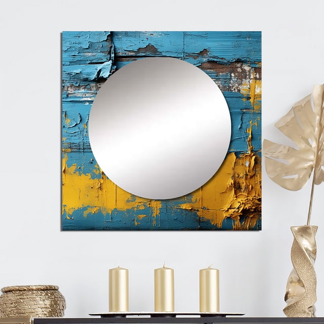 Designart "Reverberations Of Ukraine Vintage Blue And Yellow" Transitional Square Mirror For Wall Decor - Large Blue Square Printed Wall Mirror Art - Wall Mounted Square Mirror