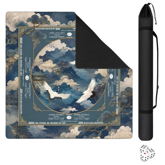 Mahjong Mat for Table 31.5" x 31.5" Blue Crane Mountain Chinoiserie Anti Slip Noise Reduction Padded Board Game Table Mat for American Mahjong with Carrying Bag
