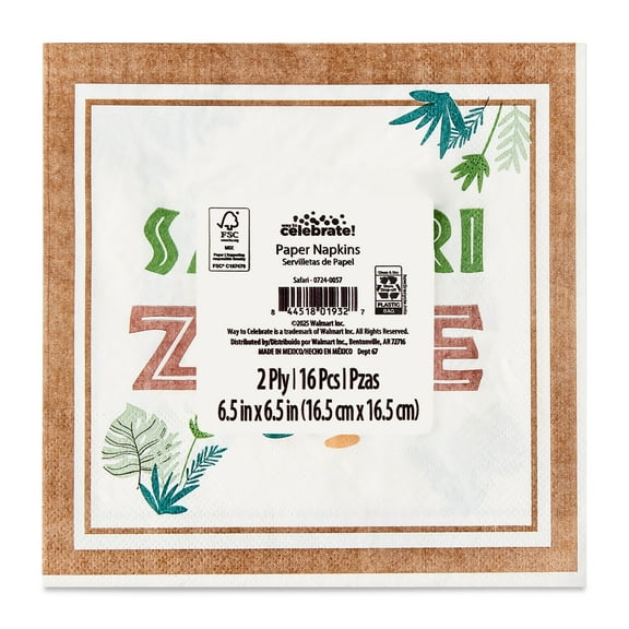 6.5" x 6.5" Disposable Multicolor Safari Zone Paper Napkins, 16 Count, by Way To Celebrate