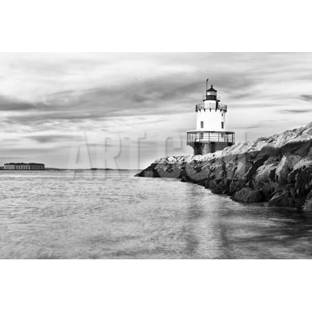 Lighthouse on Top of a Rocky Island in Maine Print Wall Art By Stuart
