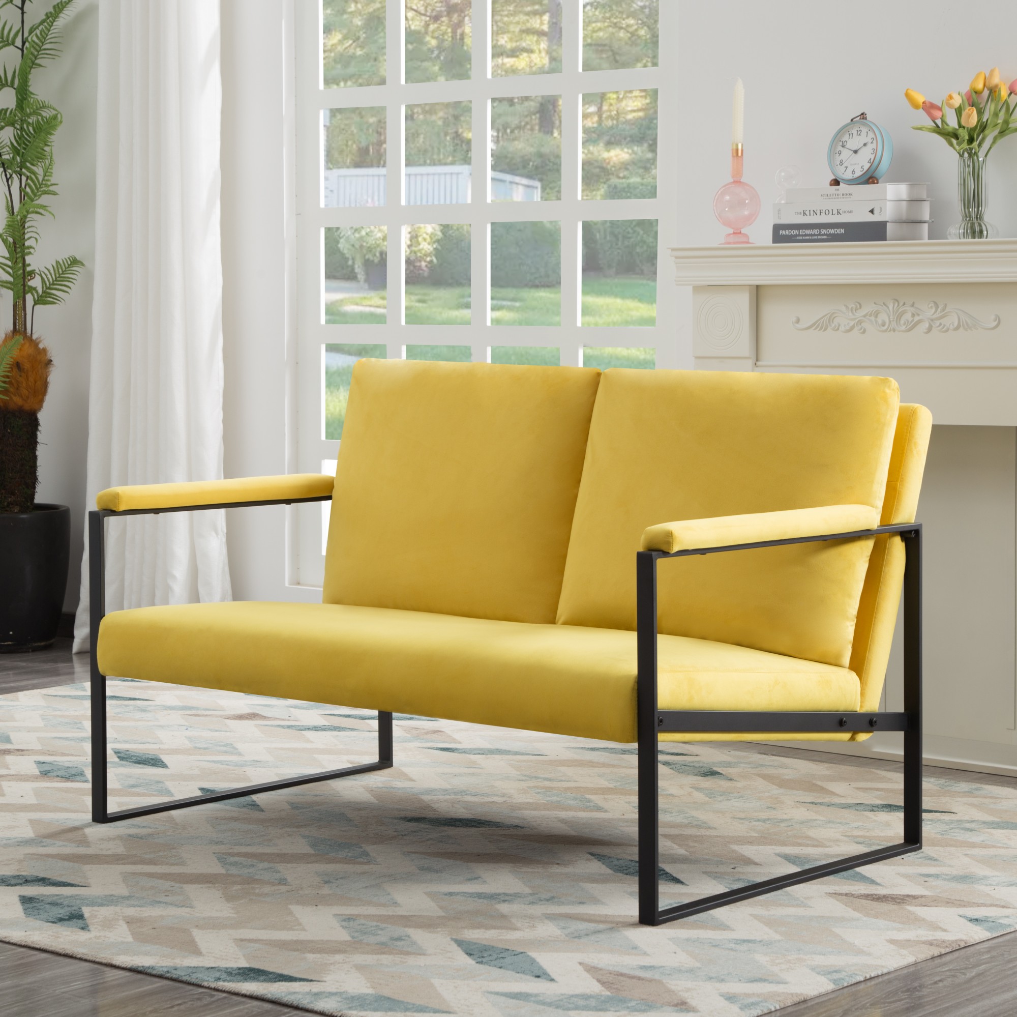 Gewnee Yellow 49.2" Metal Frame Loveseat Velvet Upholstered Sofa for Living Room Bedroom