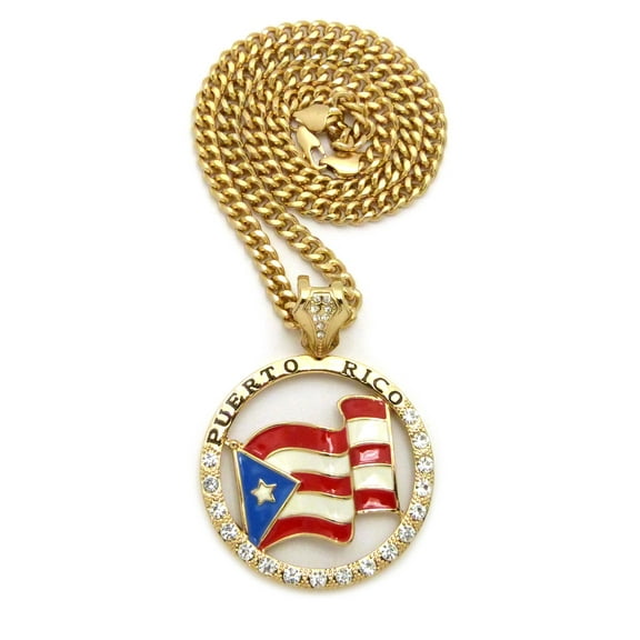 Puerto Rico Flag Hollow Round Stone Studded Pendant w/ 6mm 24" Cuban Chain Necklace, Gold-Tone