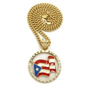 NYFASHION101 Puerto Rico Flag Hollow Round Stone Studded Pendant w/ 6mm 24" Cuban Chain Necklace, Gold-Tone