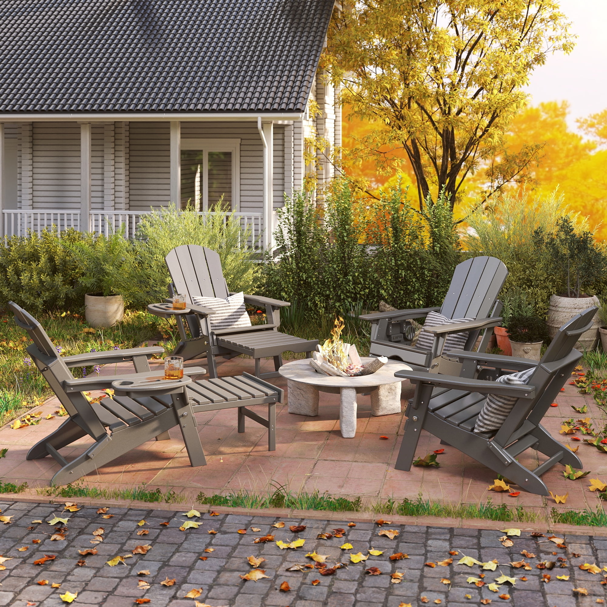 2PCS Folding Adirondack Chair with Retractable Ottoman, HDPE All-Weather Resistant Adjustable Backrest Adirondack Chair w/4 in 1 Cup Holder Trays, Wood Texture Grey