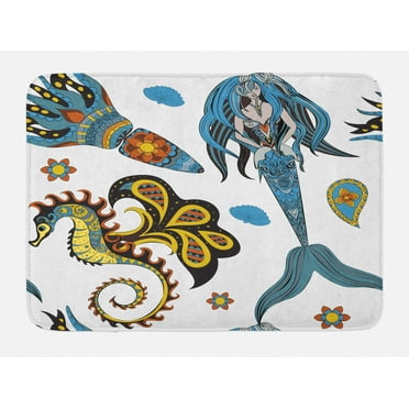 Mermaid Bath Mat, Artistic Oceanic Figures Sea Horse and Calmar Pattern Drawing Effect, Non-Slip Plush Mat Bathroom Kitchen Laundry Room Decor, 29.5 X 17.5 Inches, Pale Blue Yellow Orange, Ambesonne