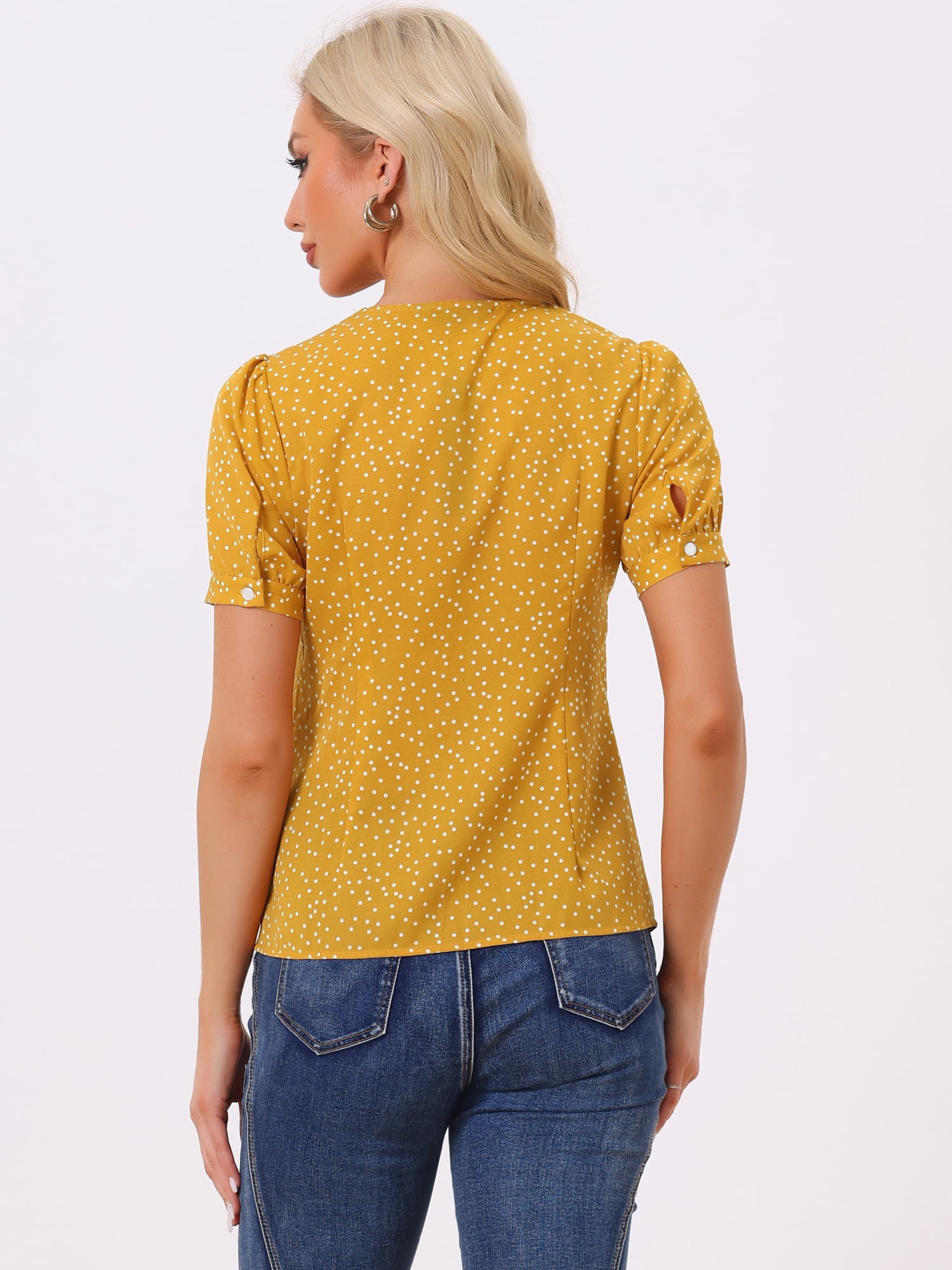 DARING DIVA Women's Polka Dots Peter Pan Collar Puff Sleeve Shirt XS Mustard
