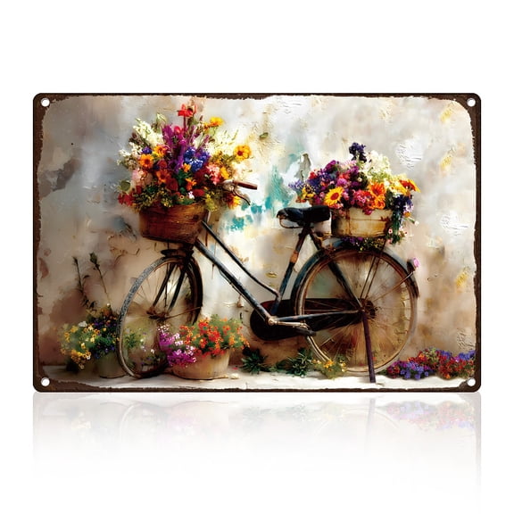 Flowers Bike Tin Sign Retro Metal Wall Decor 8" x 12" Vintage Bicycle Floral Wall Art Poster
