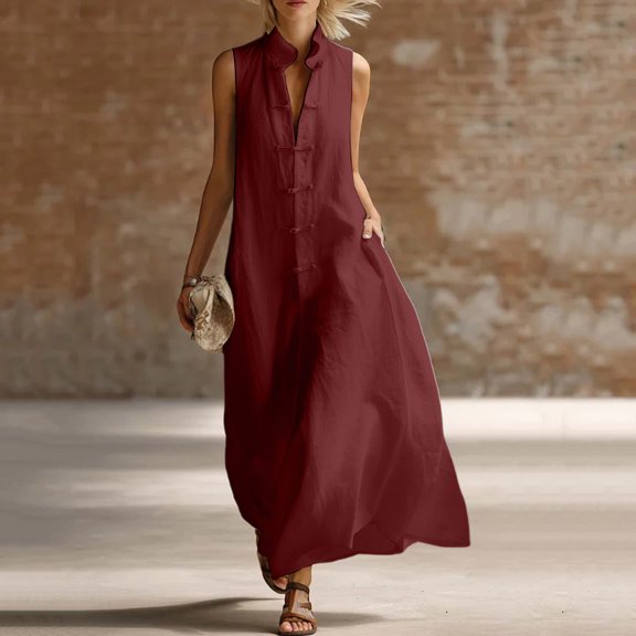 Uscallm Women's Collared Sleeveless Button Down Maxi Dresses Flowy Casual Long Boho Beach Vacation Sundresses, Wine 2XL