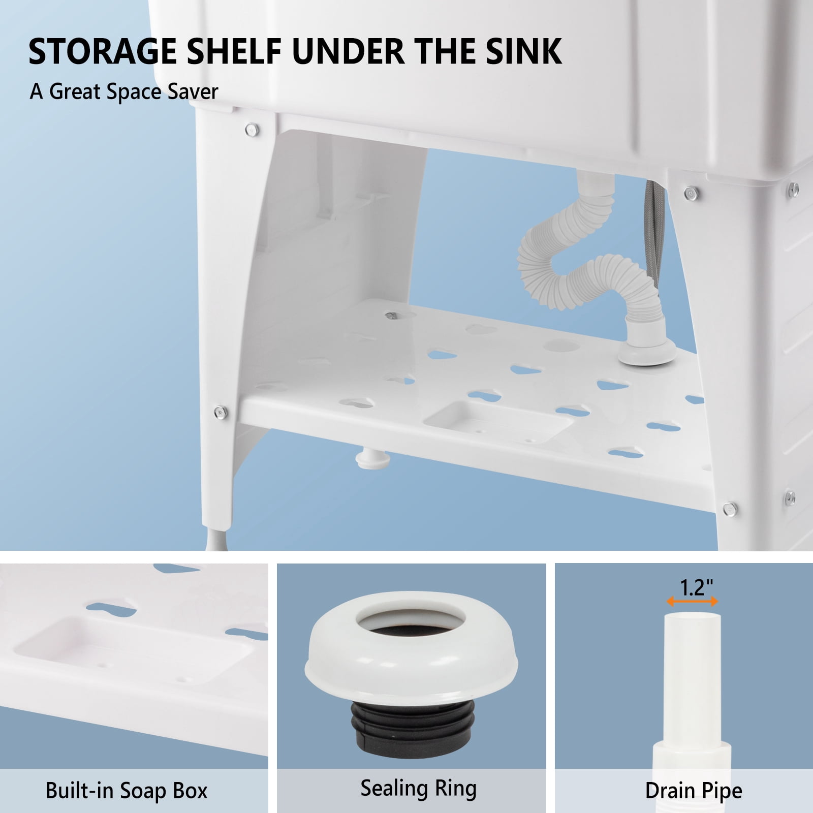 Spacious White Utility Sink Laundry Tub Freestanding Wash Station W/ Shelf, Removable Drainboard, Stainless Steel Faucet