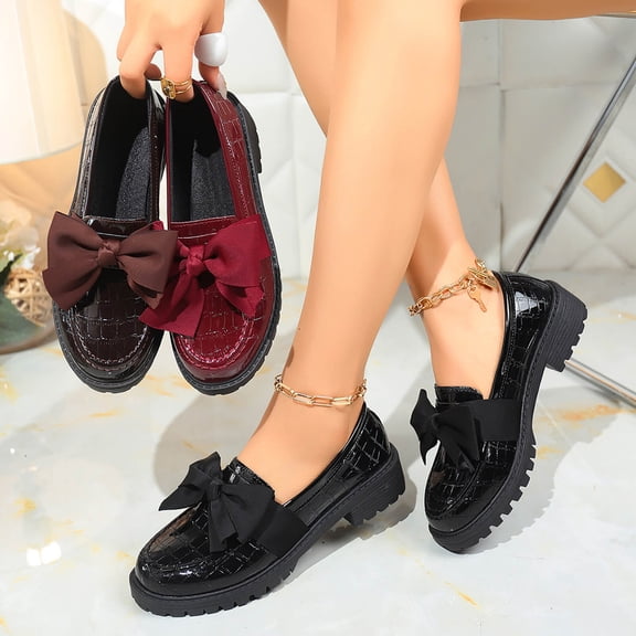 Miluxas Women's Leather Bow Platform Loafers Round Toe Solid Shoes Slip On Mid-Wedge Heel Loafers Business office Walking Shoes Wine 9(42)