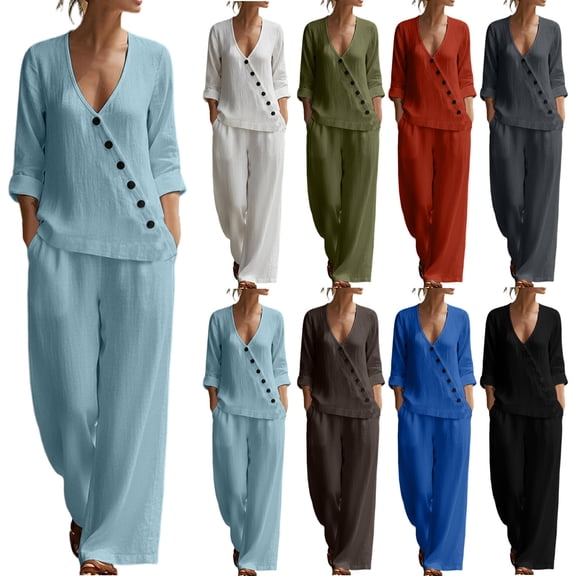 VBVC Women's Button 2 Piece Outfits Set,Long Sleeve Top and Wide Leg Pants For Women, Ladies' V-Neck Loungewear Tracksuit with Pockets,Army Green,S-2XL