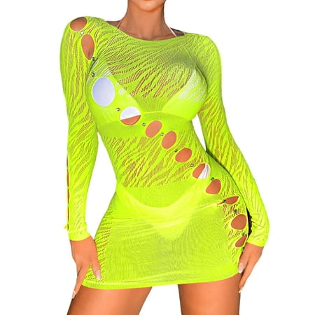 SkyAuks Babydoll Dress for Women  See Through Lingerie  Rhinestone Cut Out One Piece Bodysuit  Women s Sexy Transparent Mesh Dress  Fishnet Lingerie Set  Yellow