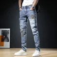thumbnail image 2 of Pantalones vaqueros ajustados para hombre, pantalones vaqueros ajustados, pantalones elásticos recortados, bordados, corte ajustado, parche de tubo ajustado, otoño coreano 2024, 2 of 4