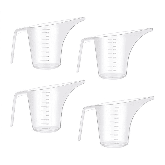 4-Pack Plastic Measuring Pitcher with Long Spout | Oil Measuring Container & 1000ml Large Capacity Cup | Perfect for Baking, Oils & Plant Watering