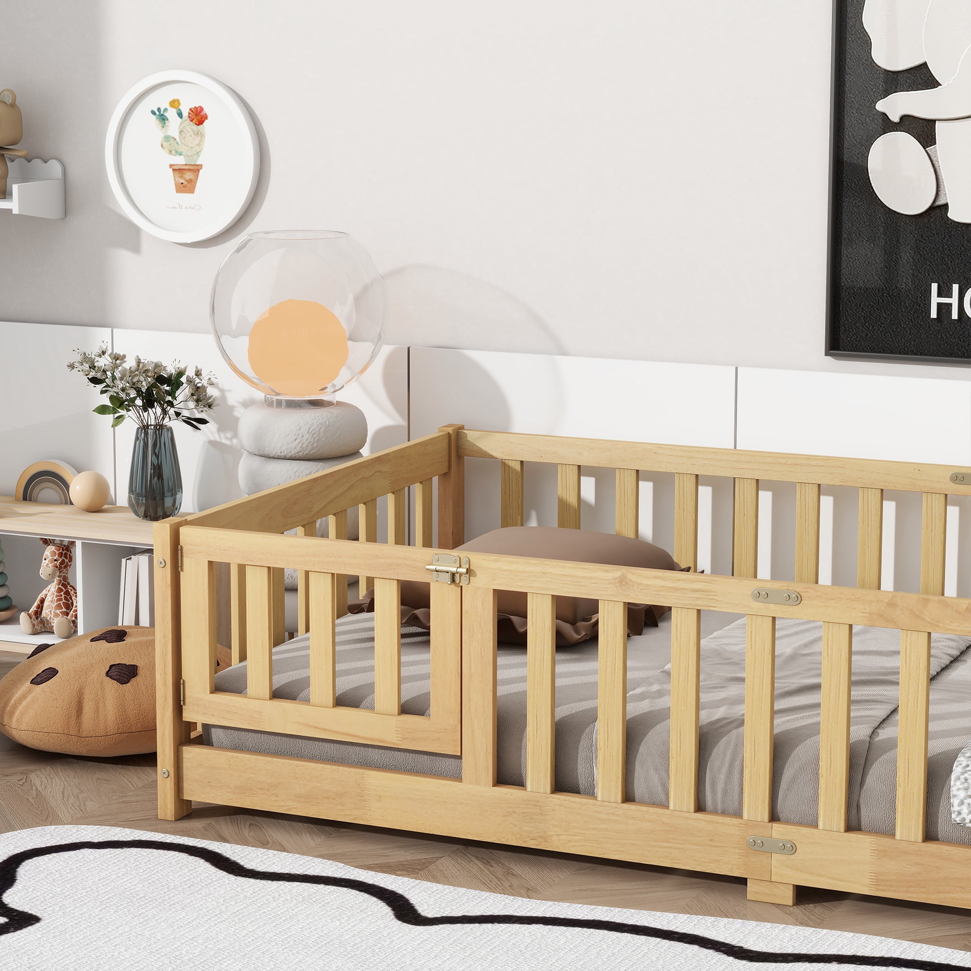 Twin Size Floor Bed with Door and Fence, UHOMEPRO Montessori Floor Bed with Slats and Safety Guardrails, Solid Wood Twin Bed Frame for Bedroom, Natural