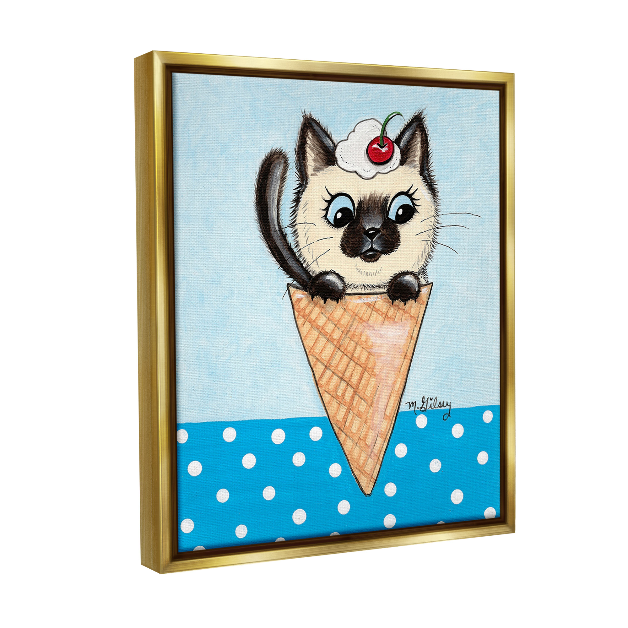Stupell Industries Kitten Sundae Cone Animals & Insects Painting Gold Floater Framed Canvas Art Print Wall Art, 17 x 21