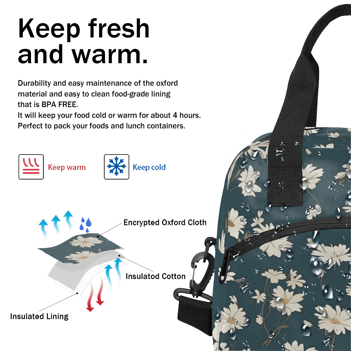 Herdesigns Daisy Insulated Lunch Bag for Women Men Adults Large Reusable Lunch Box Daisy Flower Leakproof Cooler Tote Bags with Adjustable Shoulder Strap