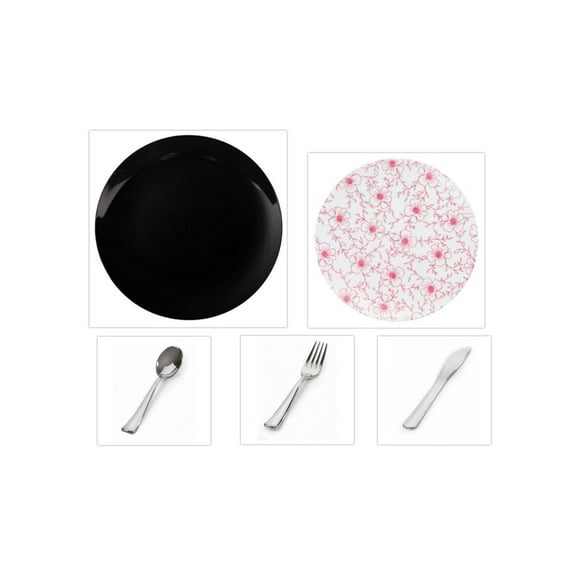Flora Design Collection Black 10.25" Dinner Plastic Plates   White w/Burgundy Floral 8" Salad Plastic Plates   Silver Cutlery *Party of 20*