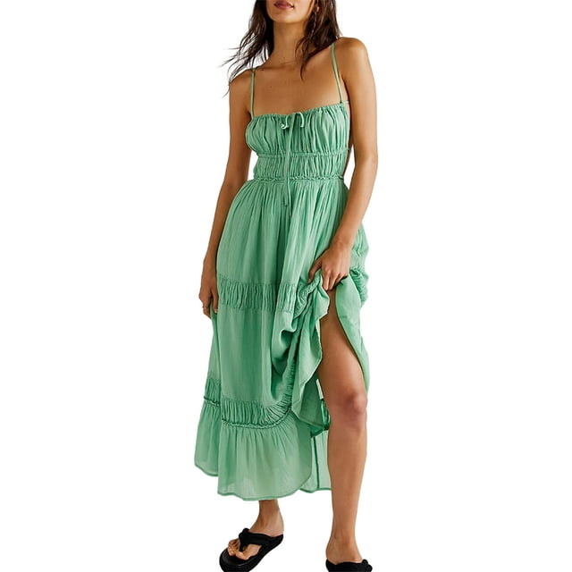 Gupgi Robe de Plage Dos Nu pour Femmes Sans Manches à Ourlet Volanté Robe Longue d'Été de Plage