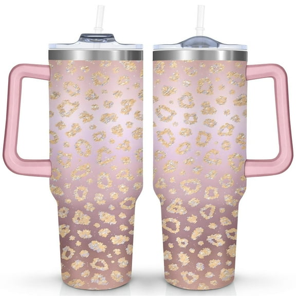 Pink Leopard Print Gradient 40 Oz Tumbler with Handle Lid and Straw, Stainless Steel Double Walled Vacuum Insulated Cup, Cute Birthday Gifts Tumbler for Women Men Friends