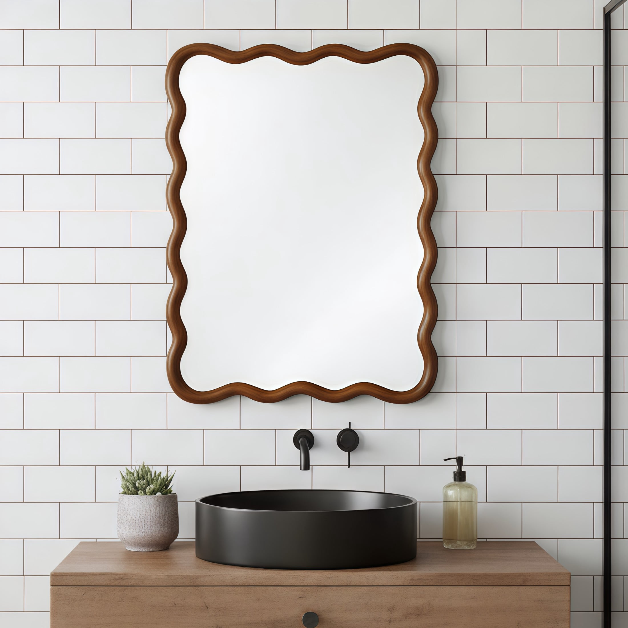 Noble House 30"x40" Wavy Rectangle Wall Mirror, Solid Wood Frame Decorative Accent Mirror for Entryway/Bathroom, Walnut