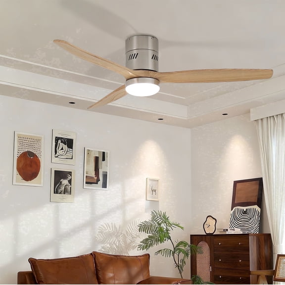 Taimei Ryme 52 in. Nickel Oak Flush Mount Ceiling Fan with Light and Remote, DC Motor, Reversible