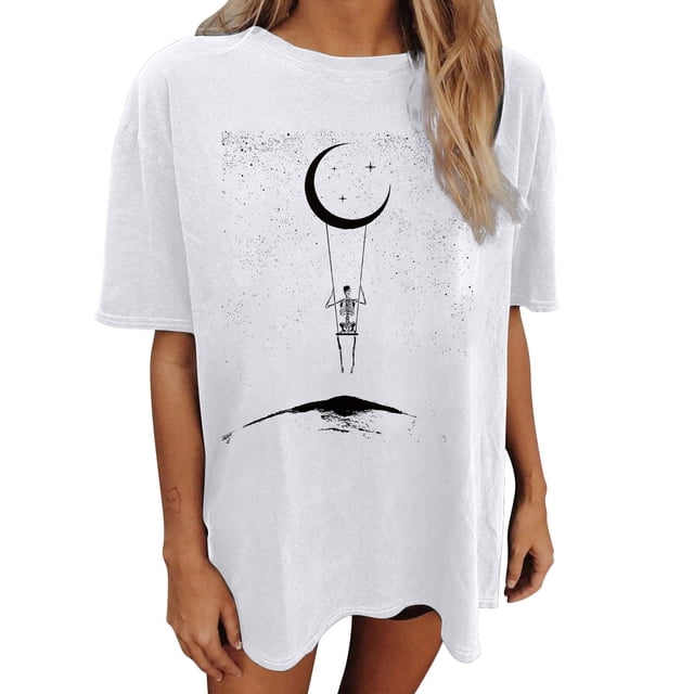 Blusa de manga corta con estampado de luna y sol de calavera con mangas caídas vintage para mujer Pompotops hfajkhk127940