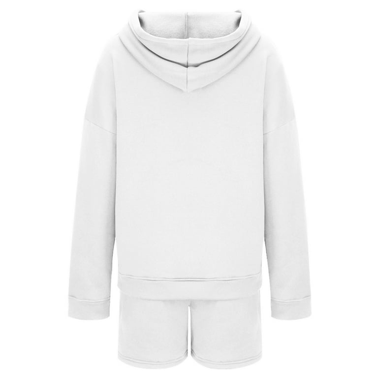 Women Tracksuit Set 2 Piece Plain Outfit Long Sleeve Loose Hoodie Lounge Shorts with Pockets Ladies Casual Hooded Sweatshirt Solid Color Jumper Sports