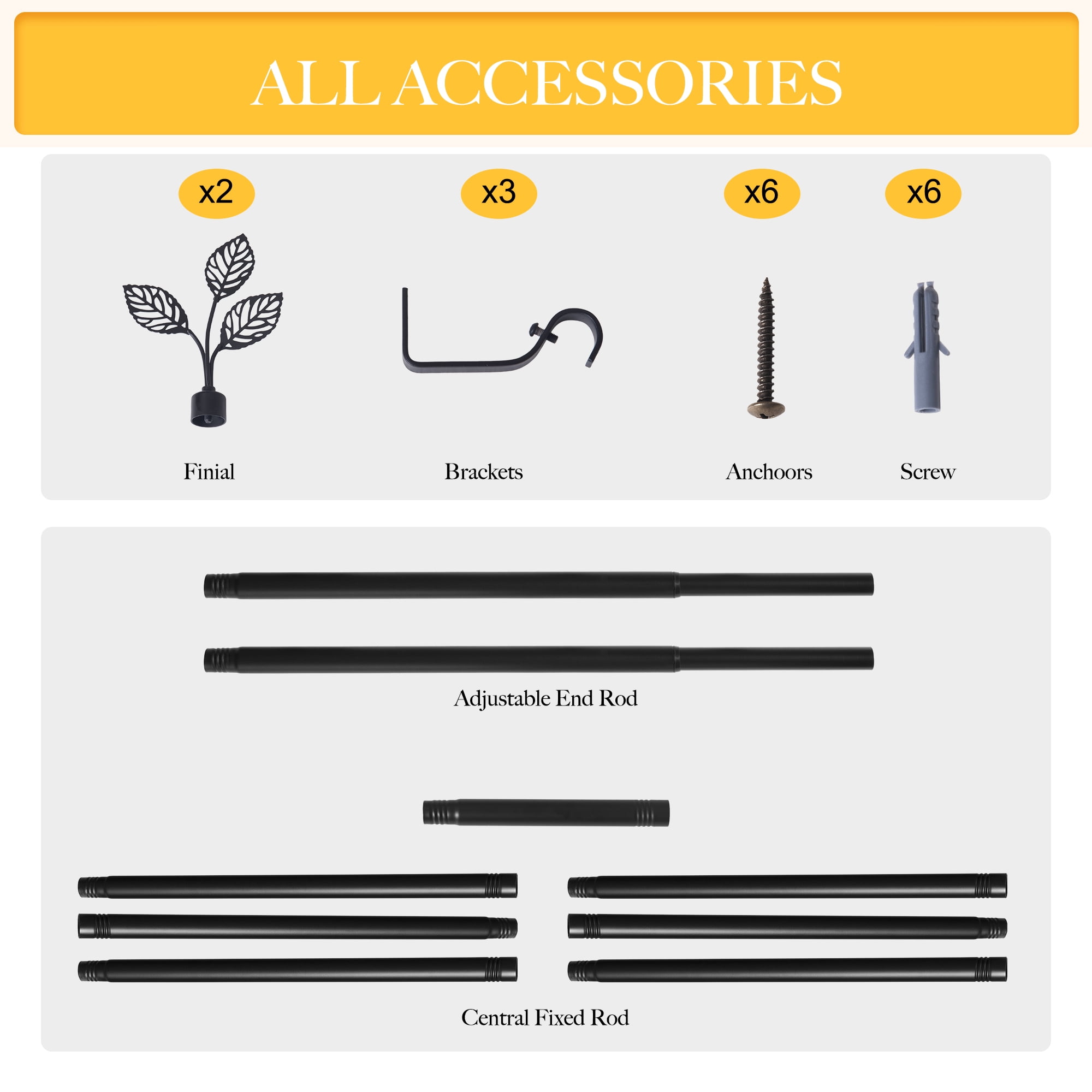 NICETOWN Black Curtain Rod for Windows, 1" Diameter with Leaf Finials, Adjustable Brackets Curtain Rod 72-144 inch for Bedroom Living Room, Matte Black, Set of 1