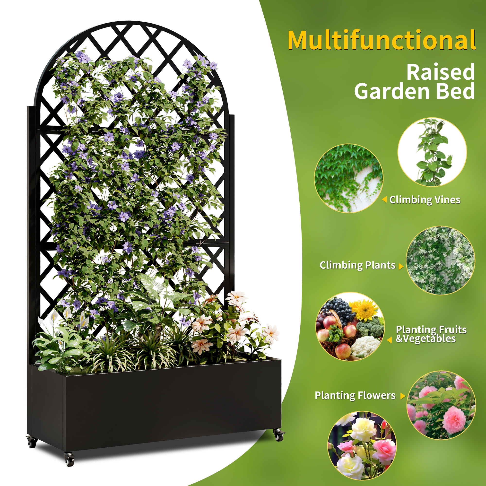 Planter Box with Trellis, Raised Garden Bed with 4 Wheels Trellis & Privacy Screen for Climbing Plants, Vegetables, Vines