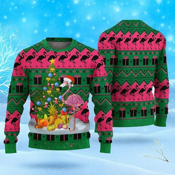 Flamingo Christmas Tree Ugly Sweater, Tropical Holiday Sweater, Xmas Sweater, Fun Festive Gift for Men and Women